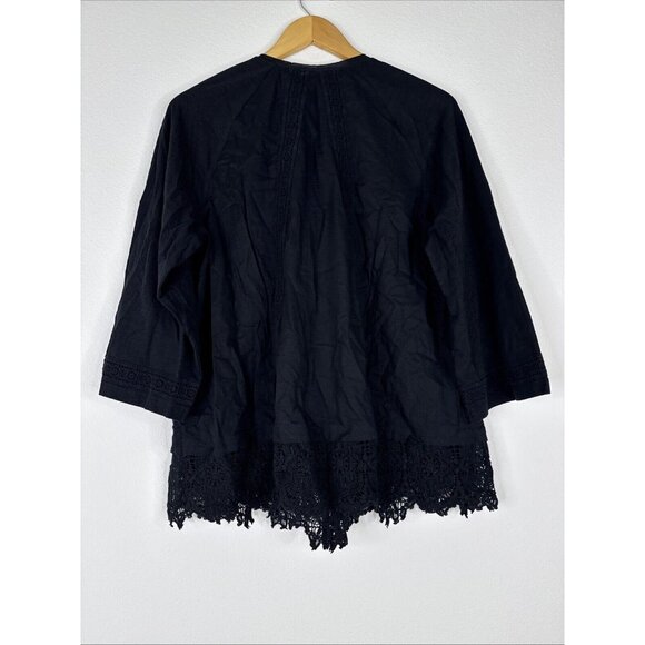 LOGO Lavish by Lori Goldstein Woven Button Front Top with Lace Trim Size M Black - Picture 5 of 13